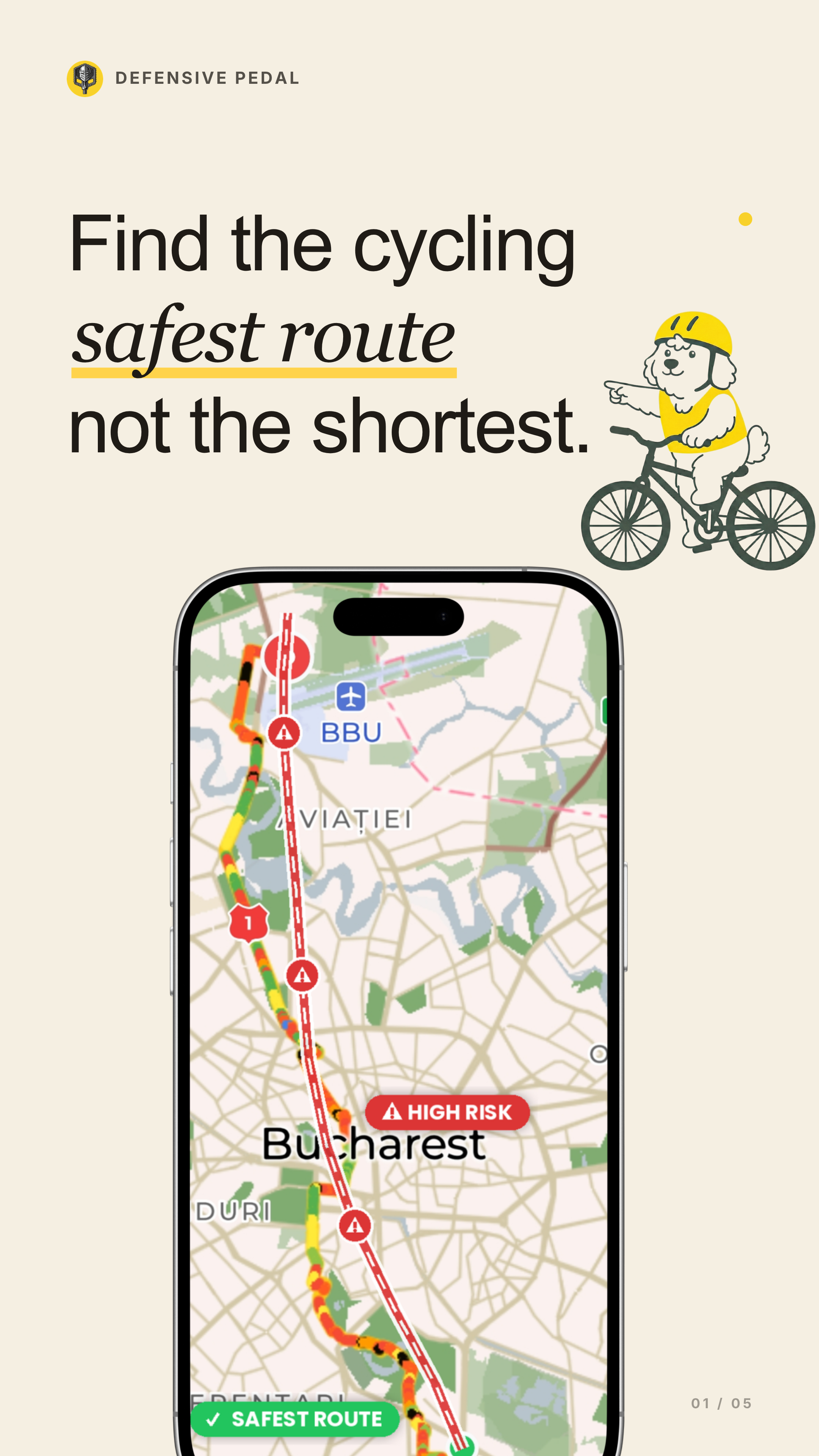 Defensive Pedal app showing a safety-optimized cycling route
